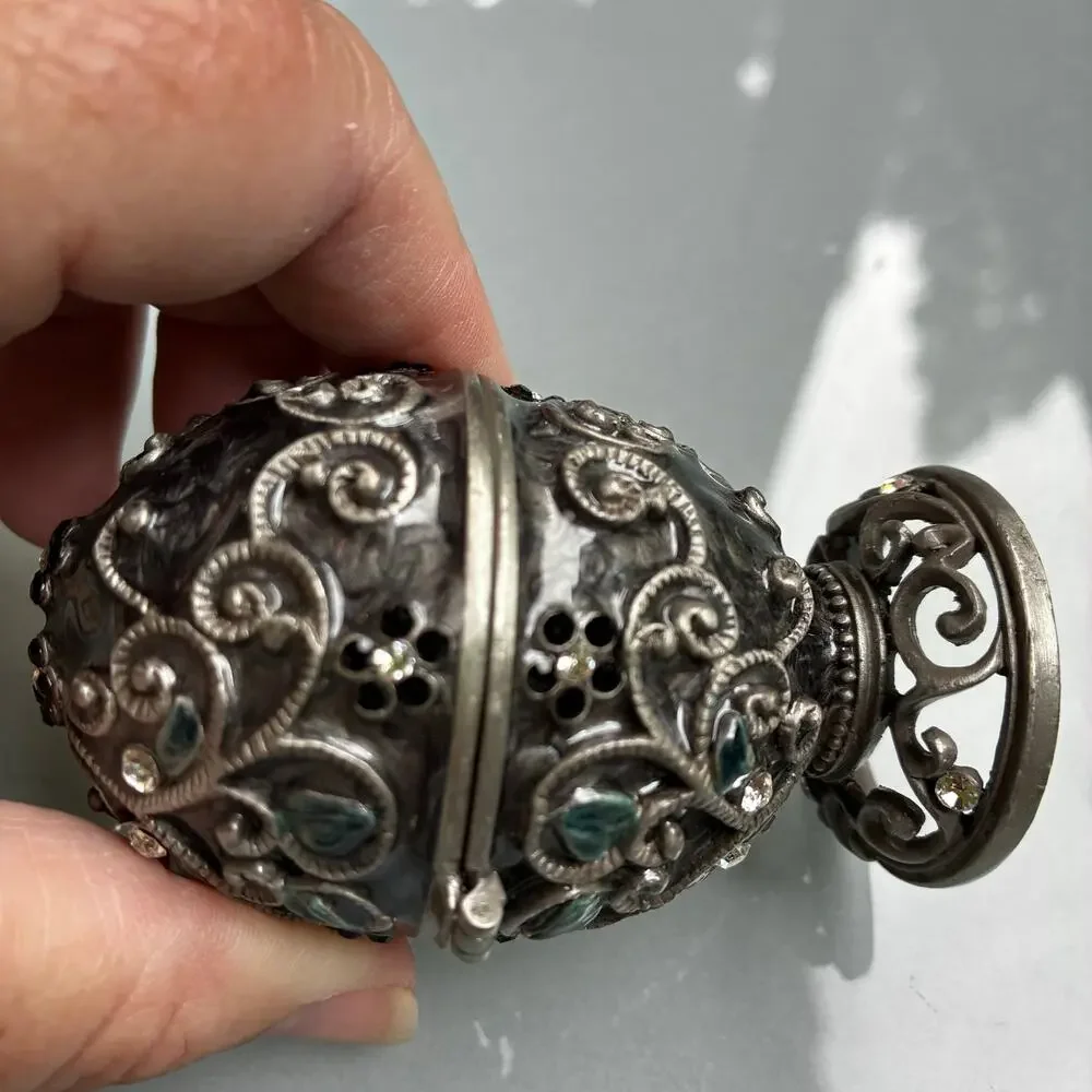 Vintage Jeweled Egg Trinket Box Hinged Pewter Rhinestone Decorative Keepsake